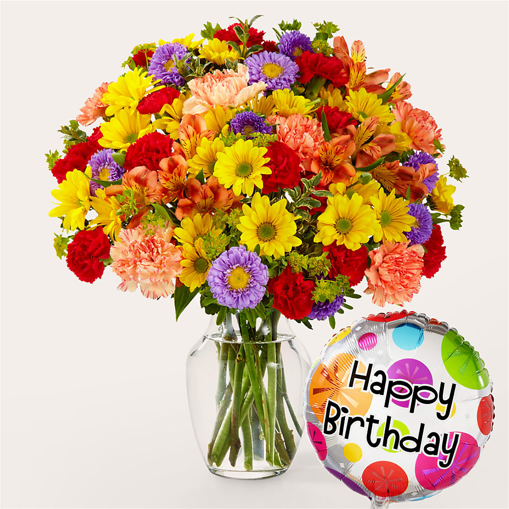 Kaleidoscope Bouquet with Birthday Balloon – Charleston Cut Flower Company, Charleston WV