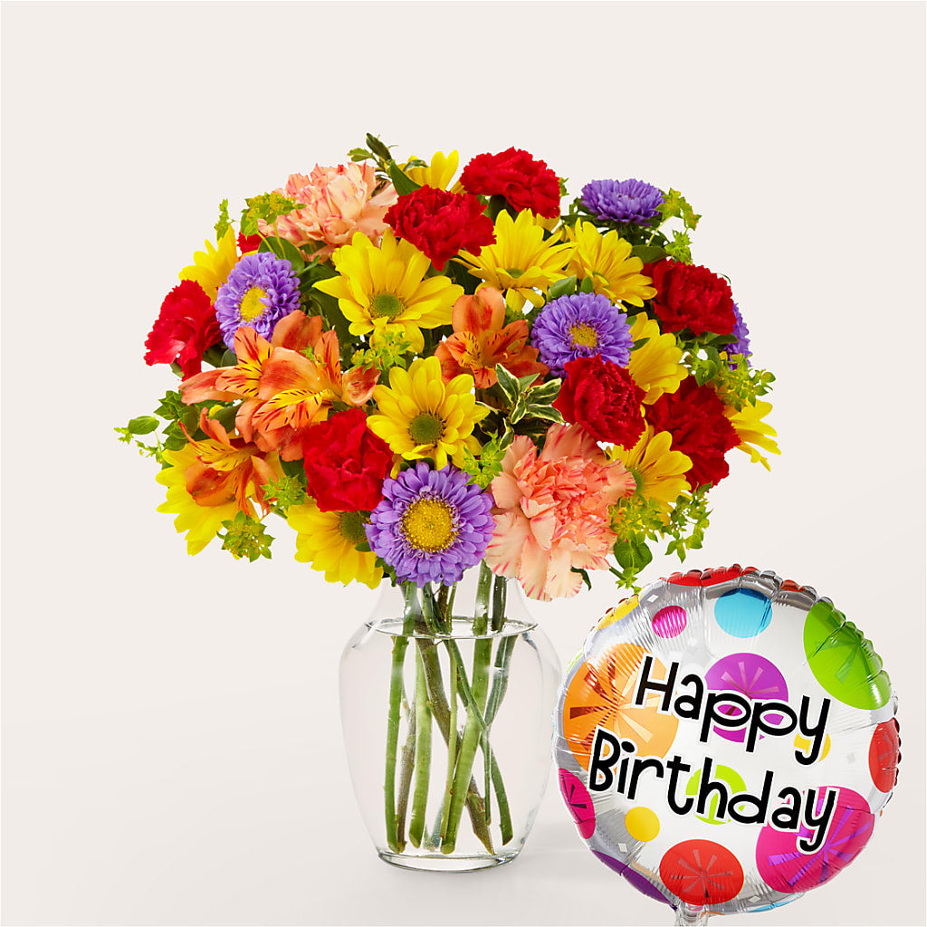 Kaleidoscope Bouquet with Birthday Balloon – Charleston Cut Flower Company, Charleston WV